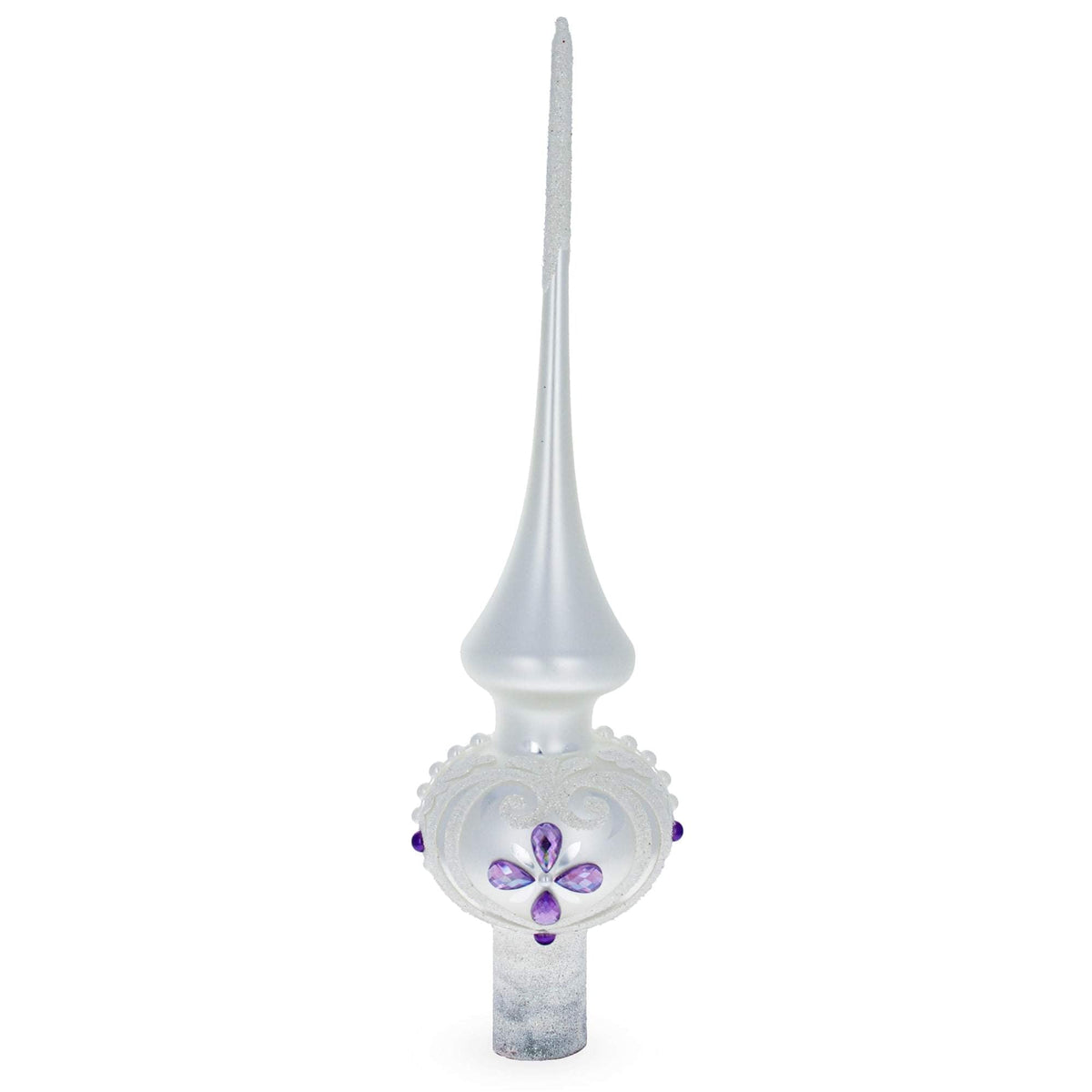 Purple Jewel Stars and Pearls on White Glass Christmas Tree Topper 11 Inches