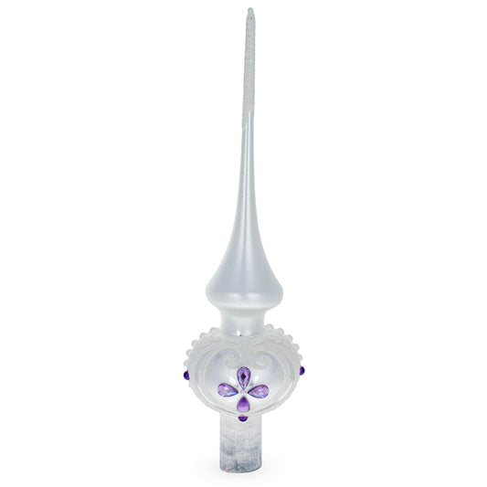 Purple Jewel Stars and Pearls on White Glass Christmas Tree Topper 11 Inches