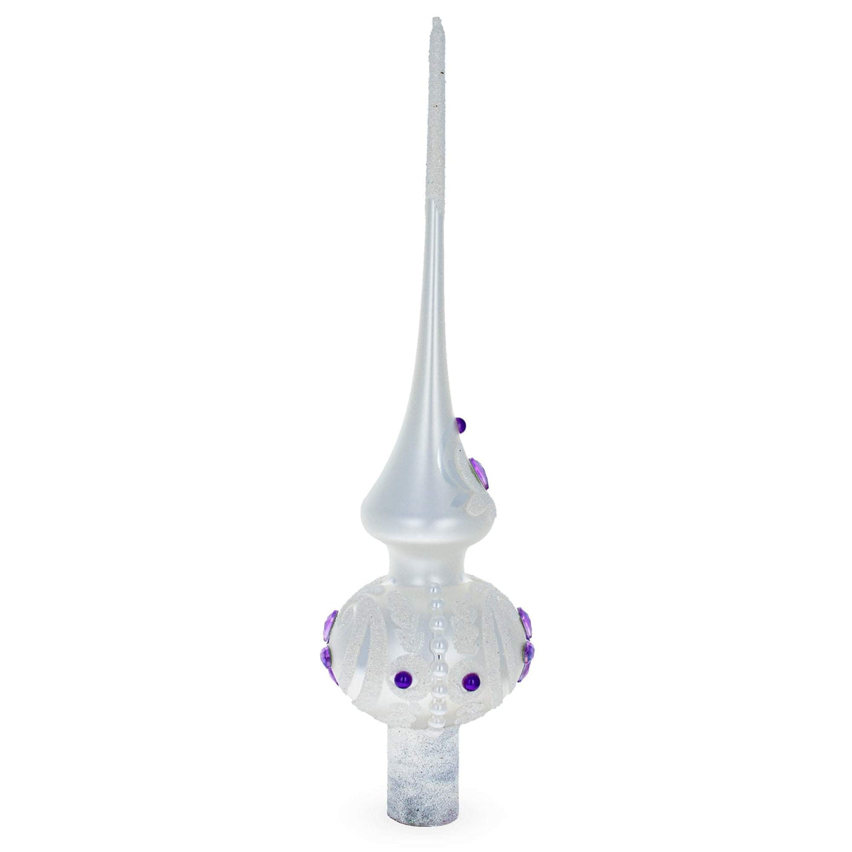 Purple Jewel Stars and Pearls on White Glass Christmas Tree Topper 11 Inches