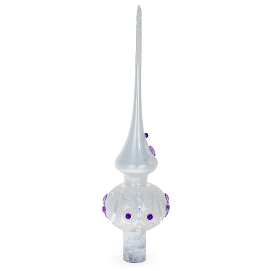 Purple Jewel Stars and Pearls on White Glass Christmas Tree Topper 11 Inches