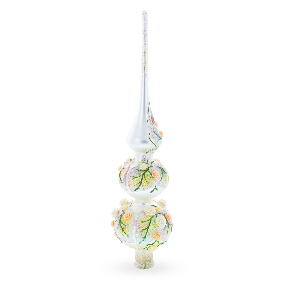 Pink and White Roses Bouquet on Double Ball Glass Christmas Tree Topper 12.5 Inches