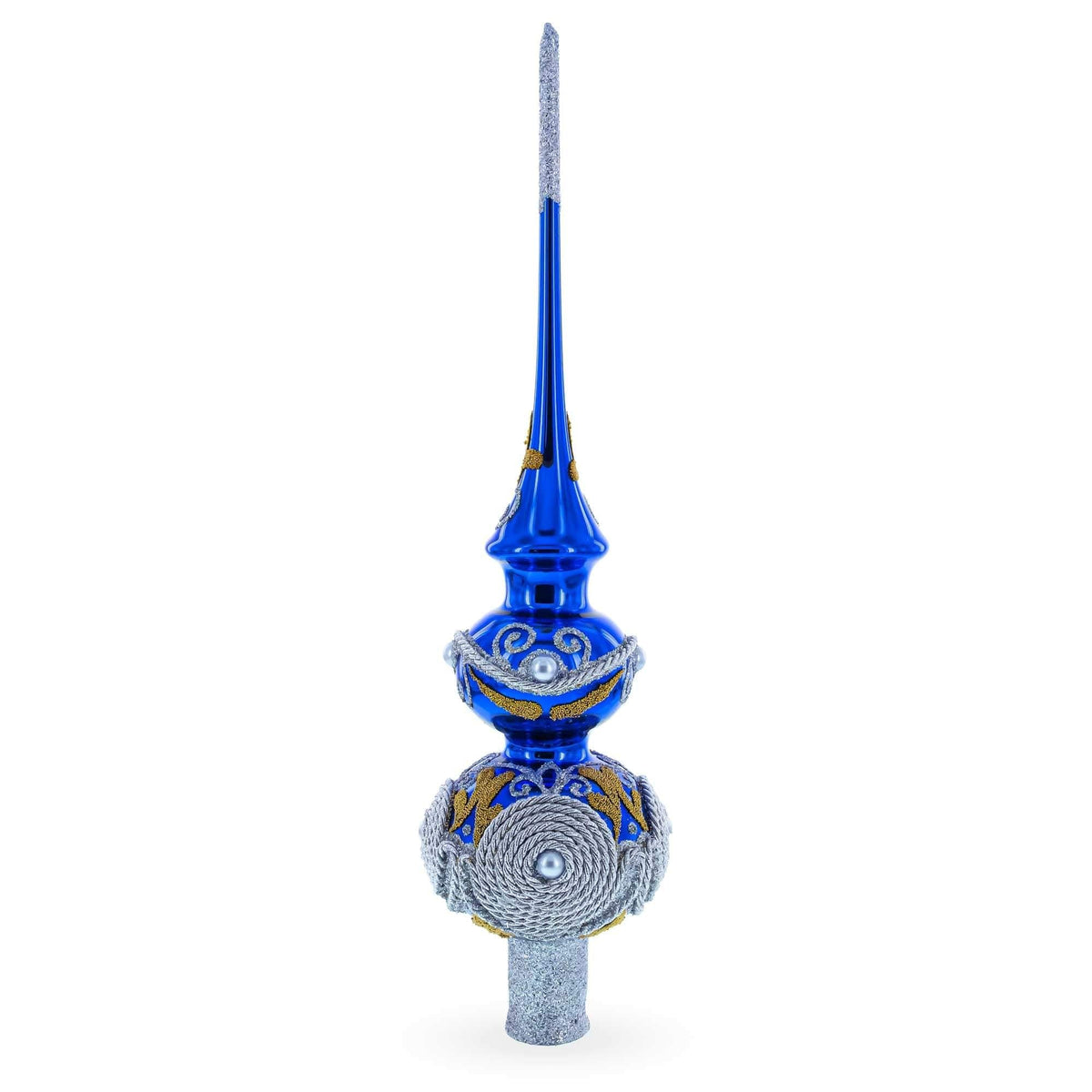 Pearls and Twisted Rope on Double Ball Blue Glass Christmas Tree Topper 12.5 Inches