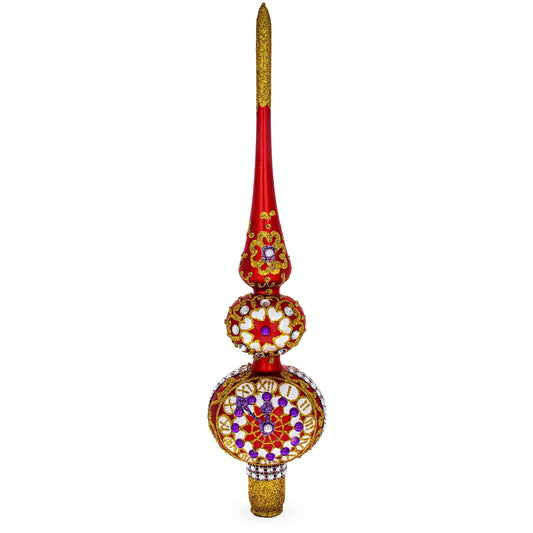 Embossed Clock on Glittered Double Ball Red Glass Christmas Tree Topper 12.5 Inches