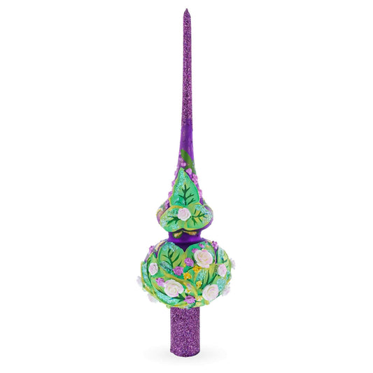 Dimensional Pink Roses on Purple Glass Christmas Tree Topper 11 Inches