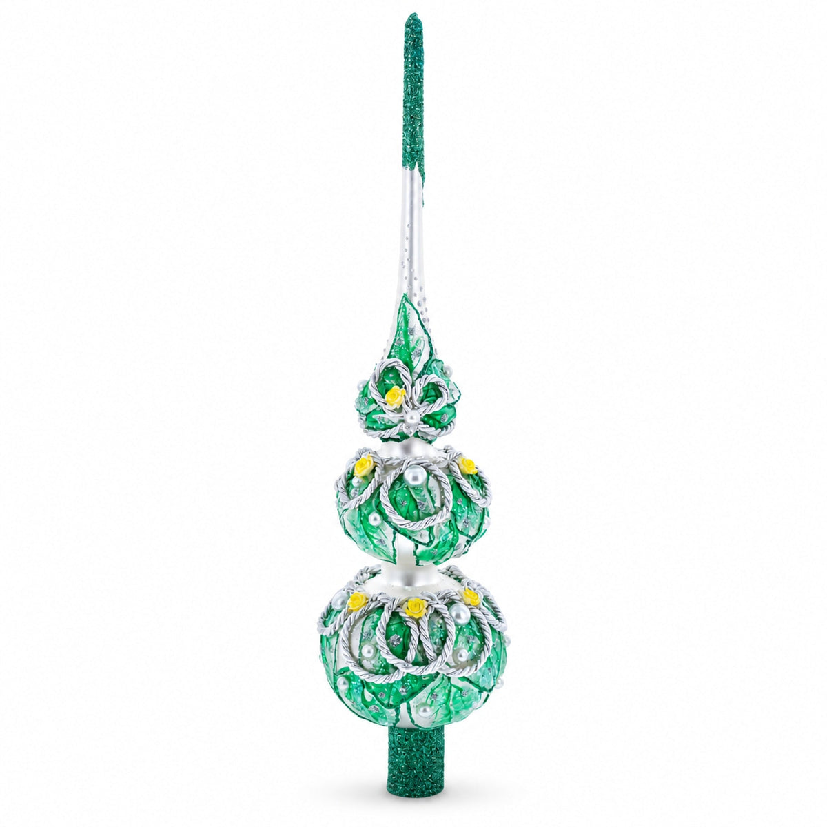Dimensional Rope and Leaves on White Glass Christmas Tree Topper 12.5 Inches