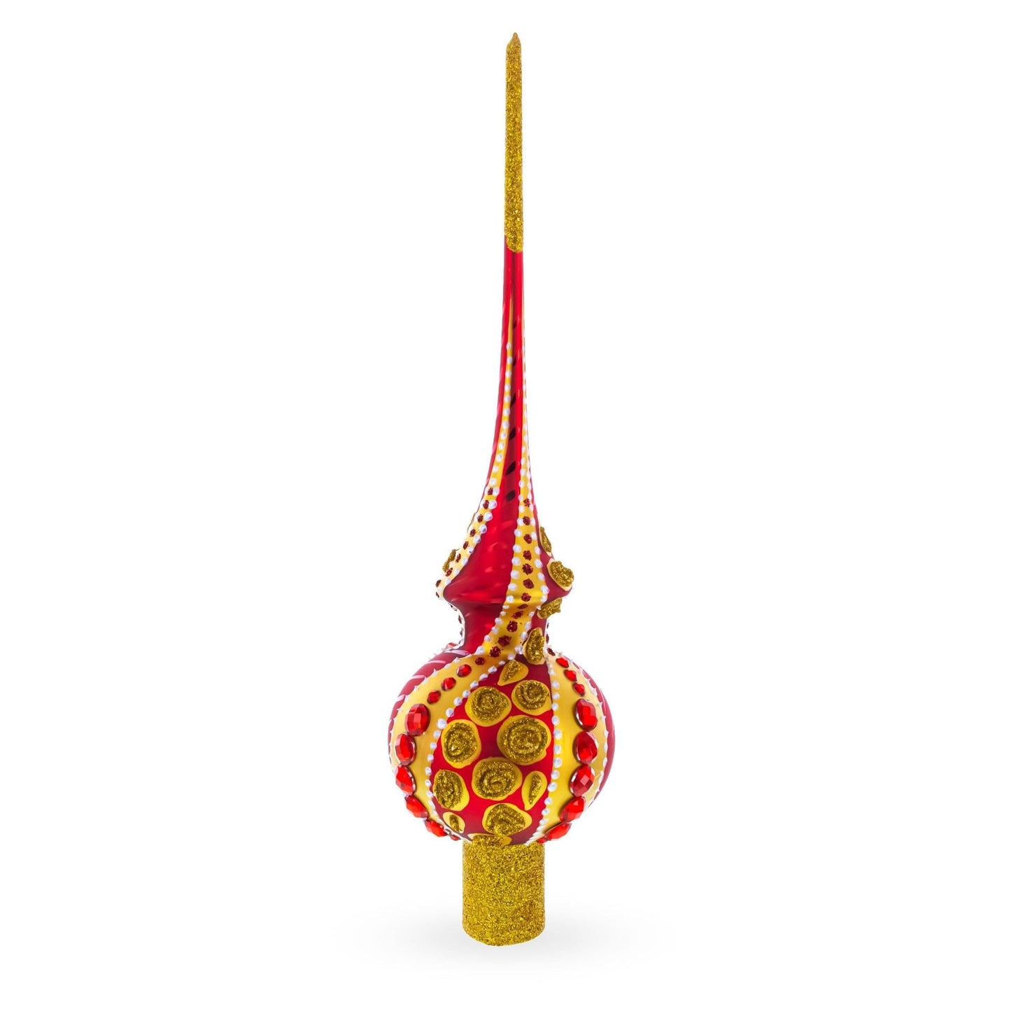Dimensional Red Jewels on Golden Spirals Glass Christmas Tree Topper 11 Inches