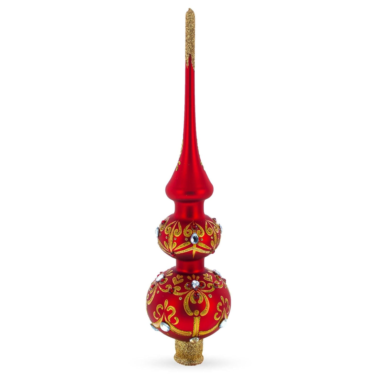 White and Red Jewels with Golden Trellis on Red Glass Christmas Tree Topper 12.5 Inches