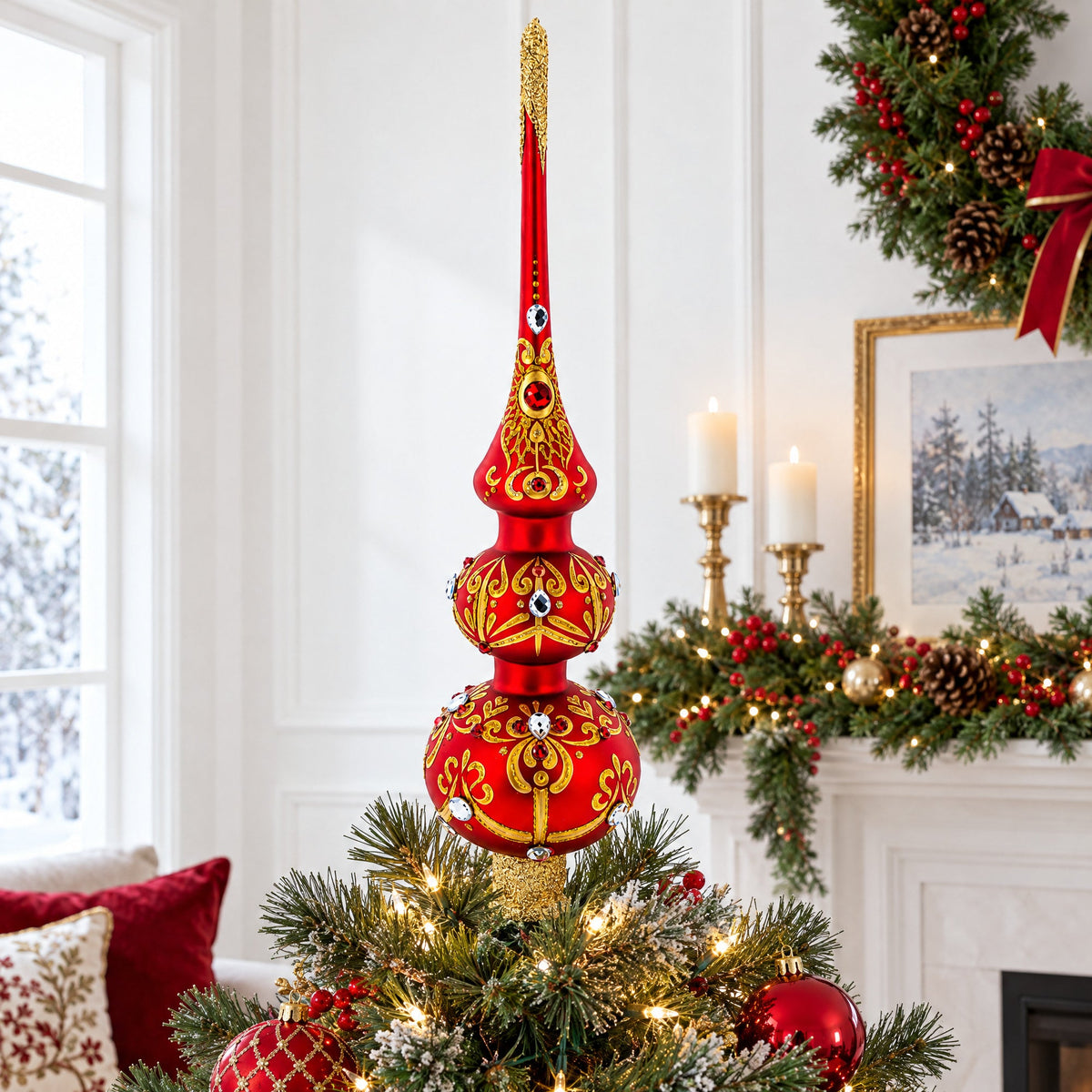 White and Red Jewels with Golden Trellis on Red Glass Christmas Tree Topper 12.5 Inches