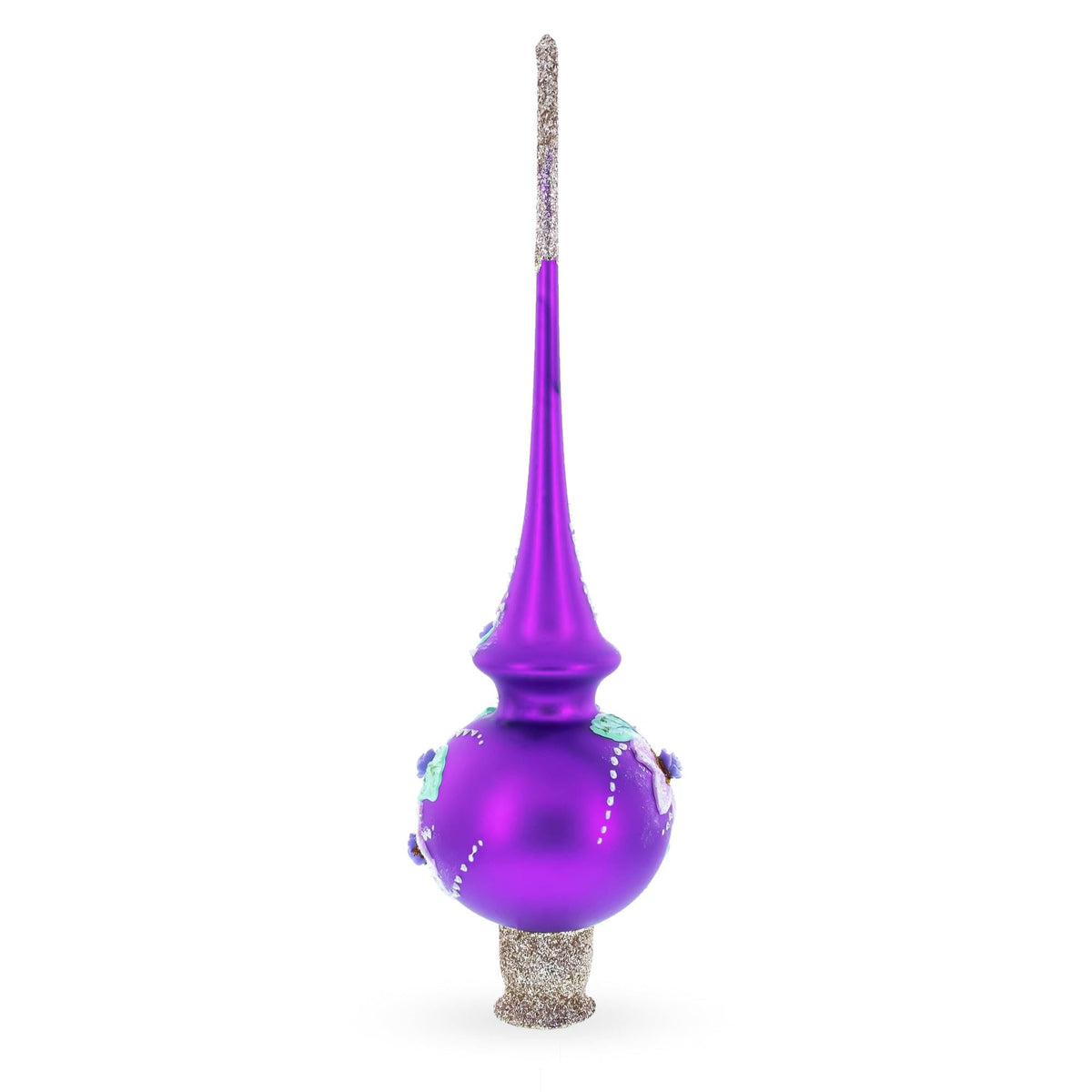 Dimensional Roses on Purple Glass Christmas Tree Topper 11 Inches
