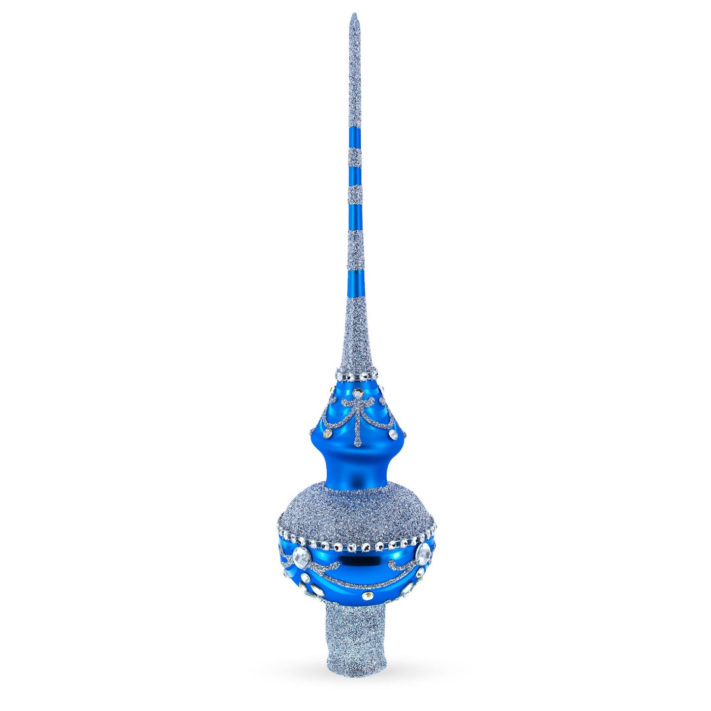 White Jewels and Silver on Blue Glass Christmas Tree Topper 11 Inches