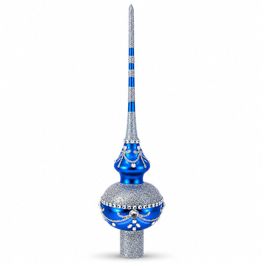 White Jewels and Silver on Blue Glass Christmas Tree Topper 11 Inches