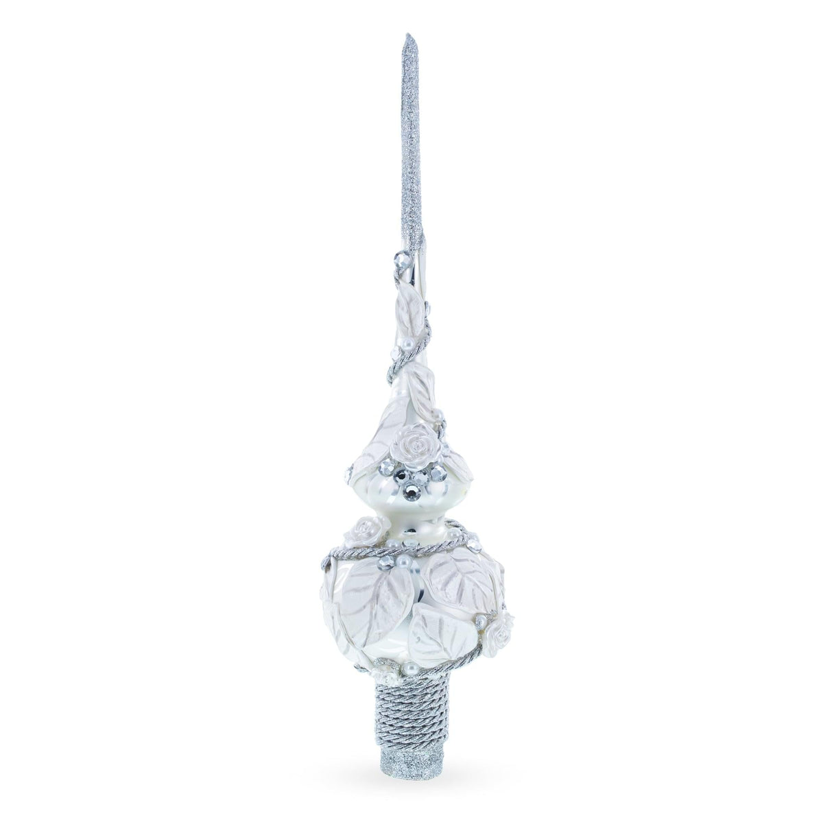a white and silver christmas tree topper