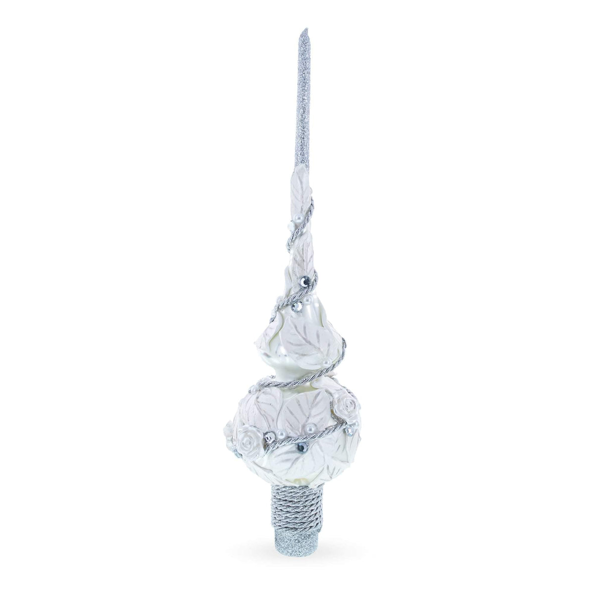 a white and silver christmas tree topper