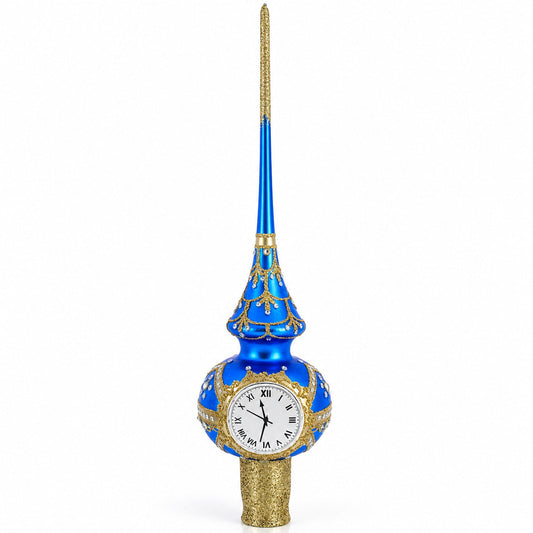 White Dial Clock on Blue and Gold Glass Christmas Tree Topper 11 Inches