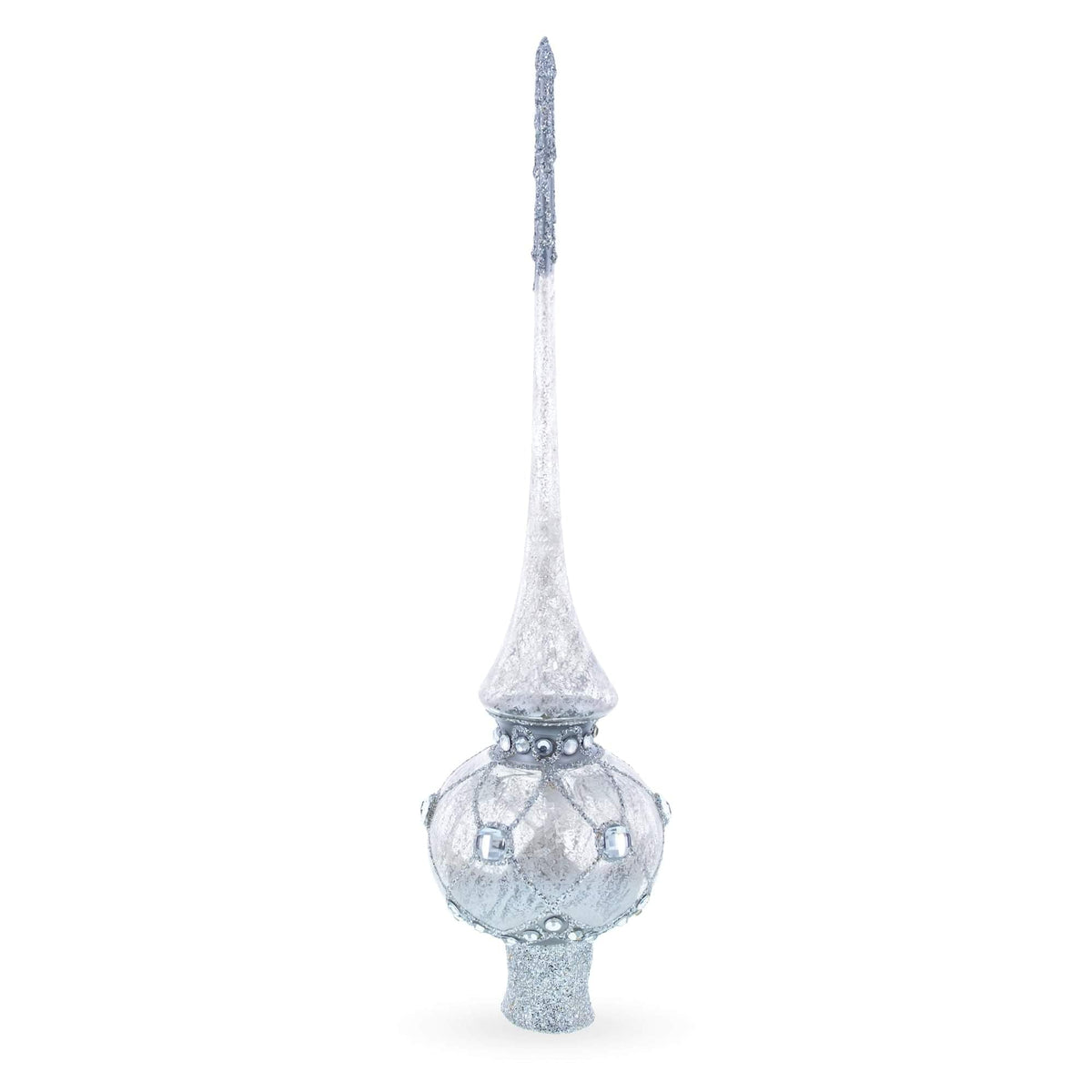 Dimensional White Jewels on Speckled Silver Glass Christmas Tree Topper 11 Inches