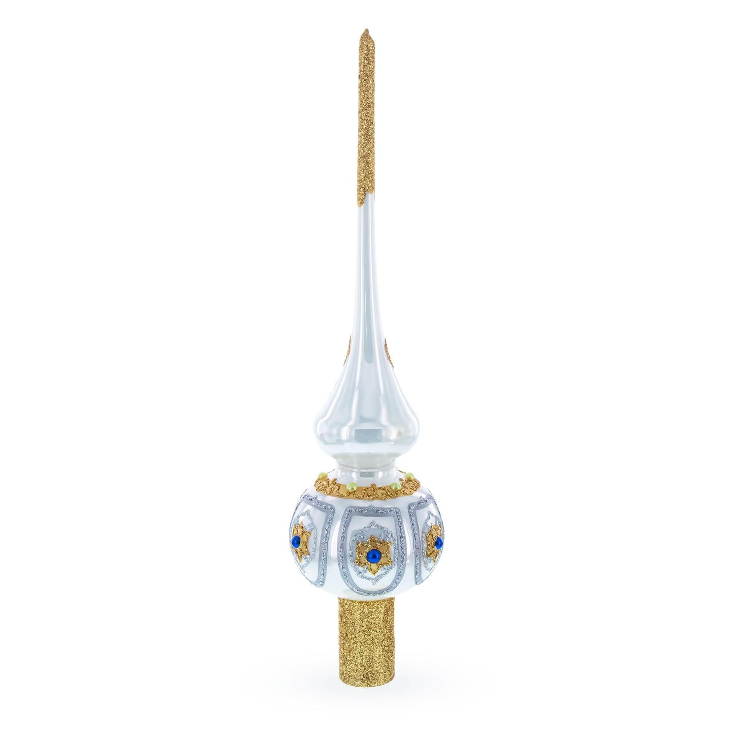 Dimensional Blue and Red Jewels on Silver Glass Christmas Tree Topper 11 Inches
