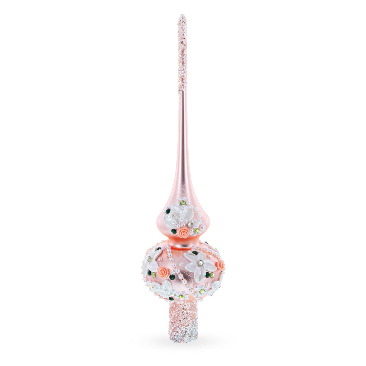 Pink Flowers on Metallic Rose Pink Glass Christmas Tree Topper 11 Inches