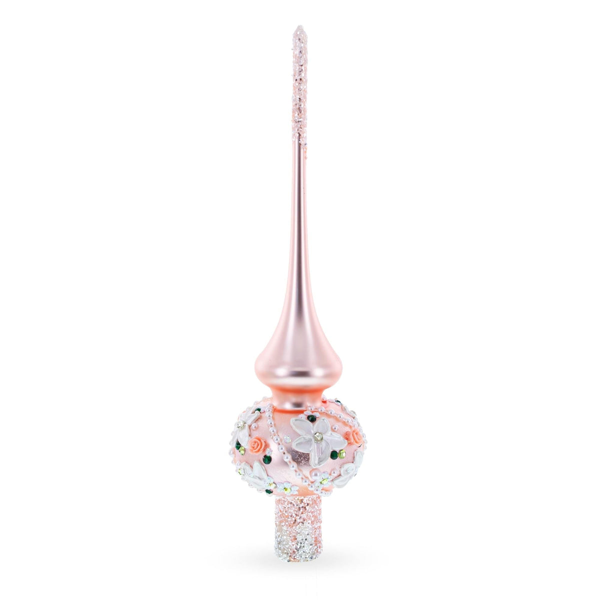 Pink Flowers on Metallic Rose Pink Glass Christmas Tree Topper 11 Inches