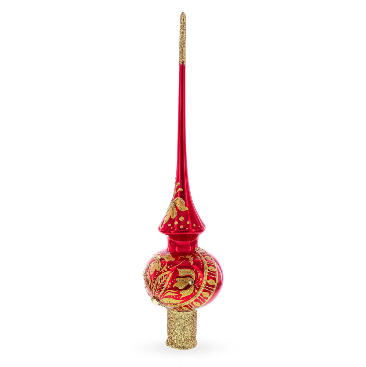 Golden Flowers Bouquet on Glossy Red Glass Christmas Tree Topper 11 Inches