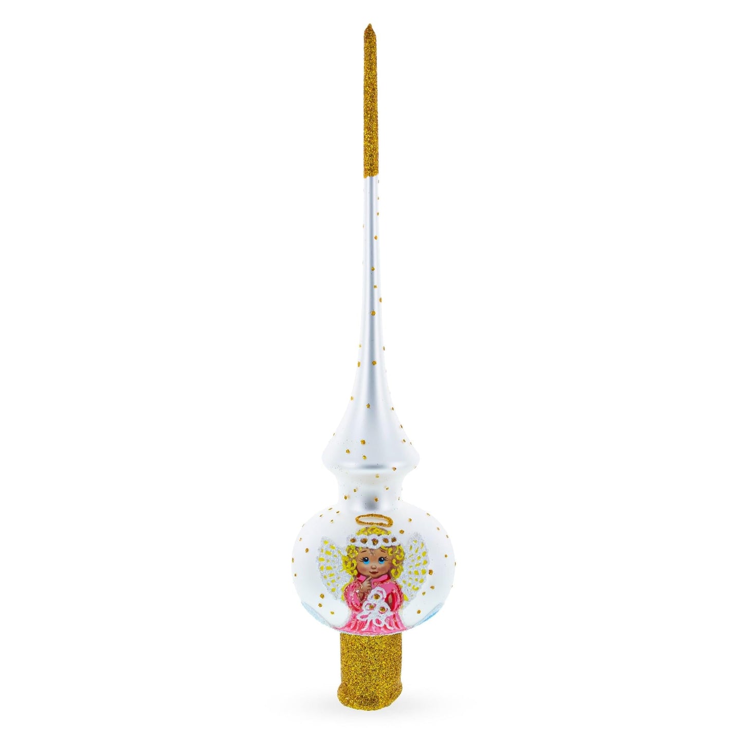Angel on White Golden Flowers Bouquet Glass Christmas Tree Topper 11 Inches