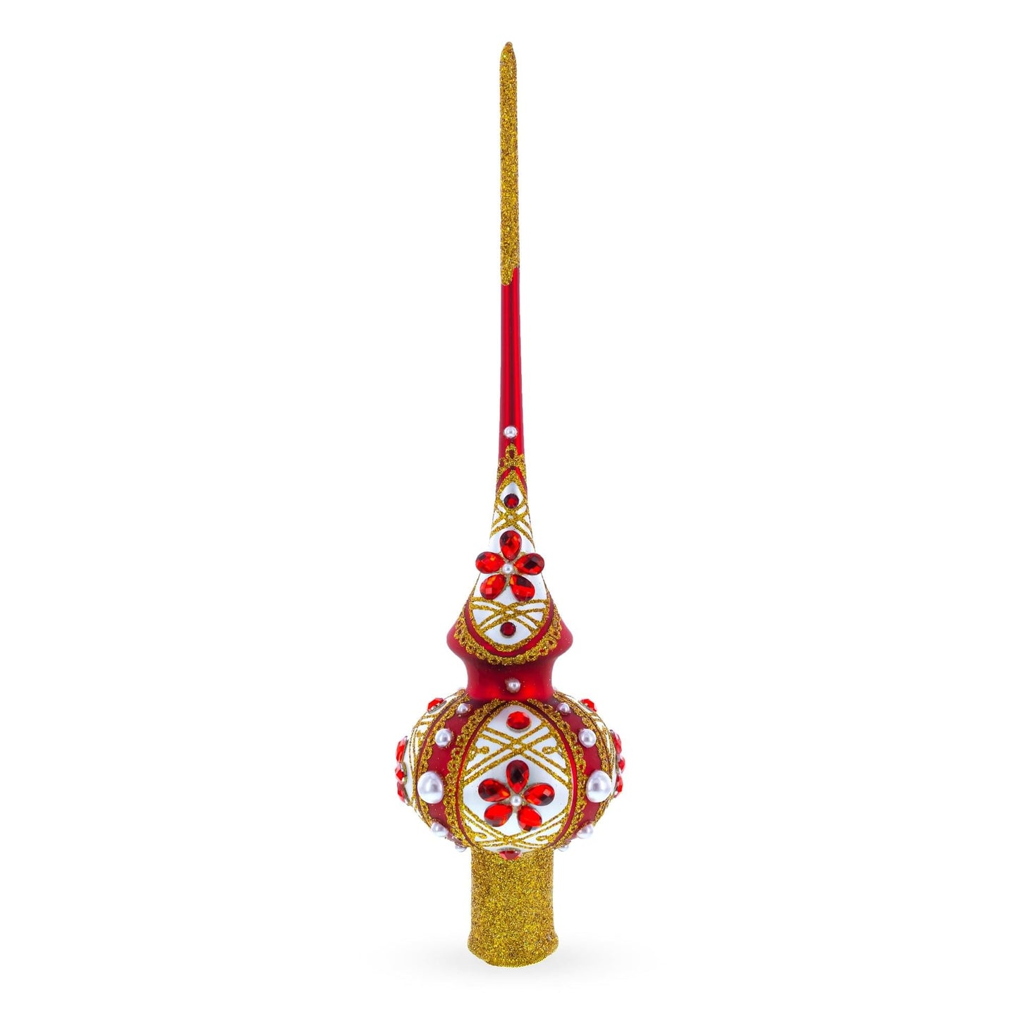 Red Jewels and White Pearls on Red Glass Christmas Tree Topper 11 Inches
