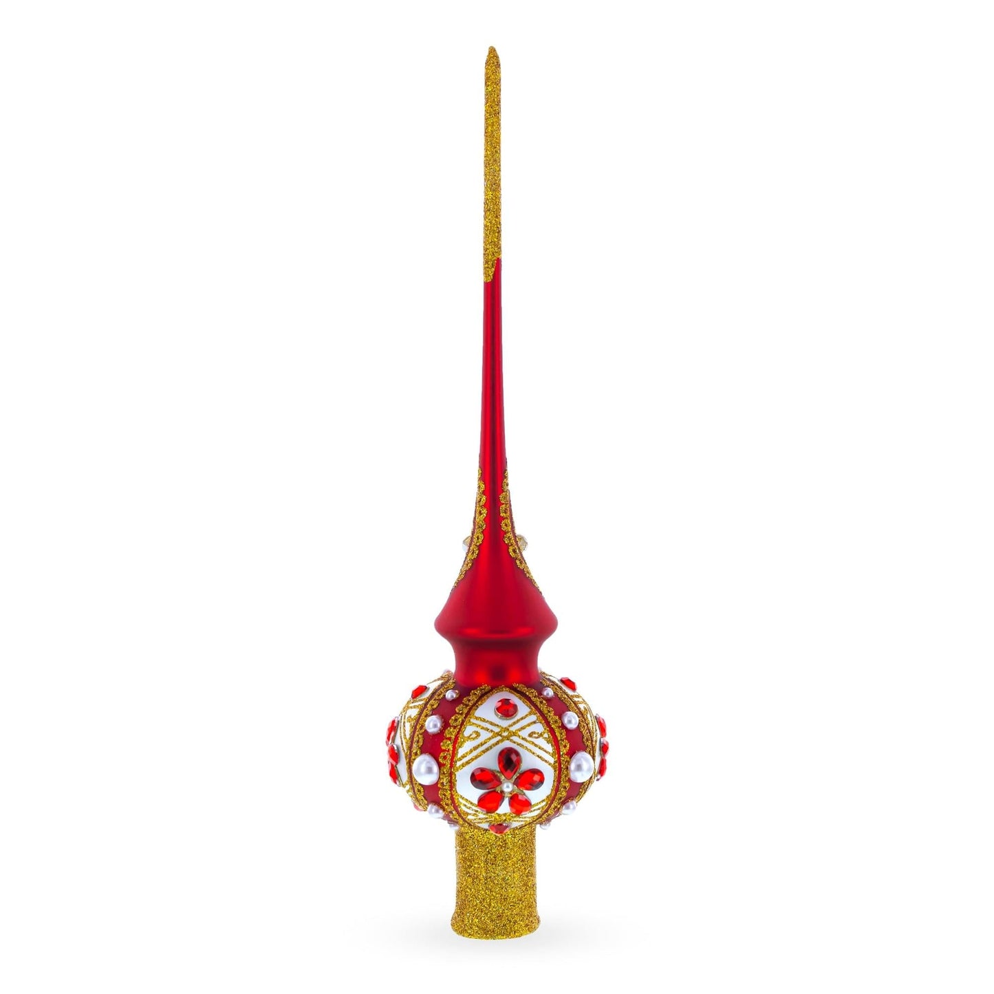 Red Jewels and White Pearls on Red Glass Christmas Tree Topper 11 Inches