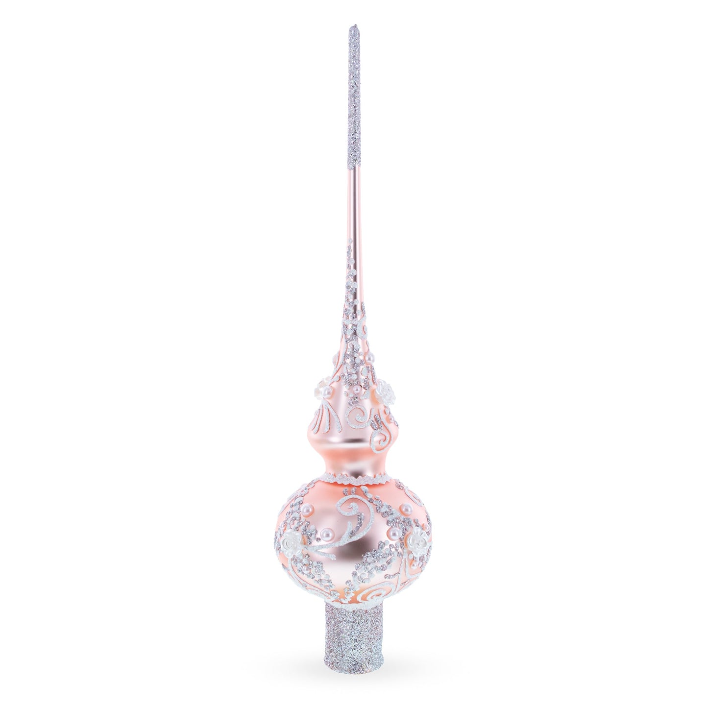 Silver Swirls on Metallic Rose Pink Glass Christmas Tree Topper 11 Inches