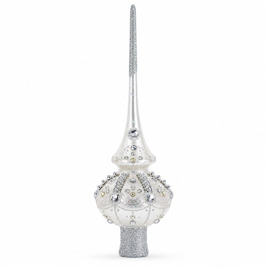 White Jewels on Silver Glass Christmas Tree Topper 11 Inches