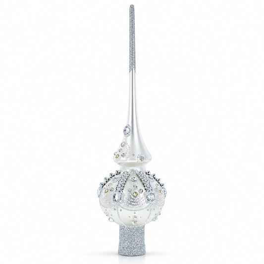 White Jewels on Silver Glass Christmas Tree Topper 11 Inches