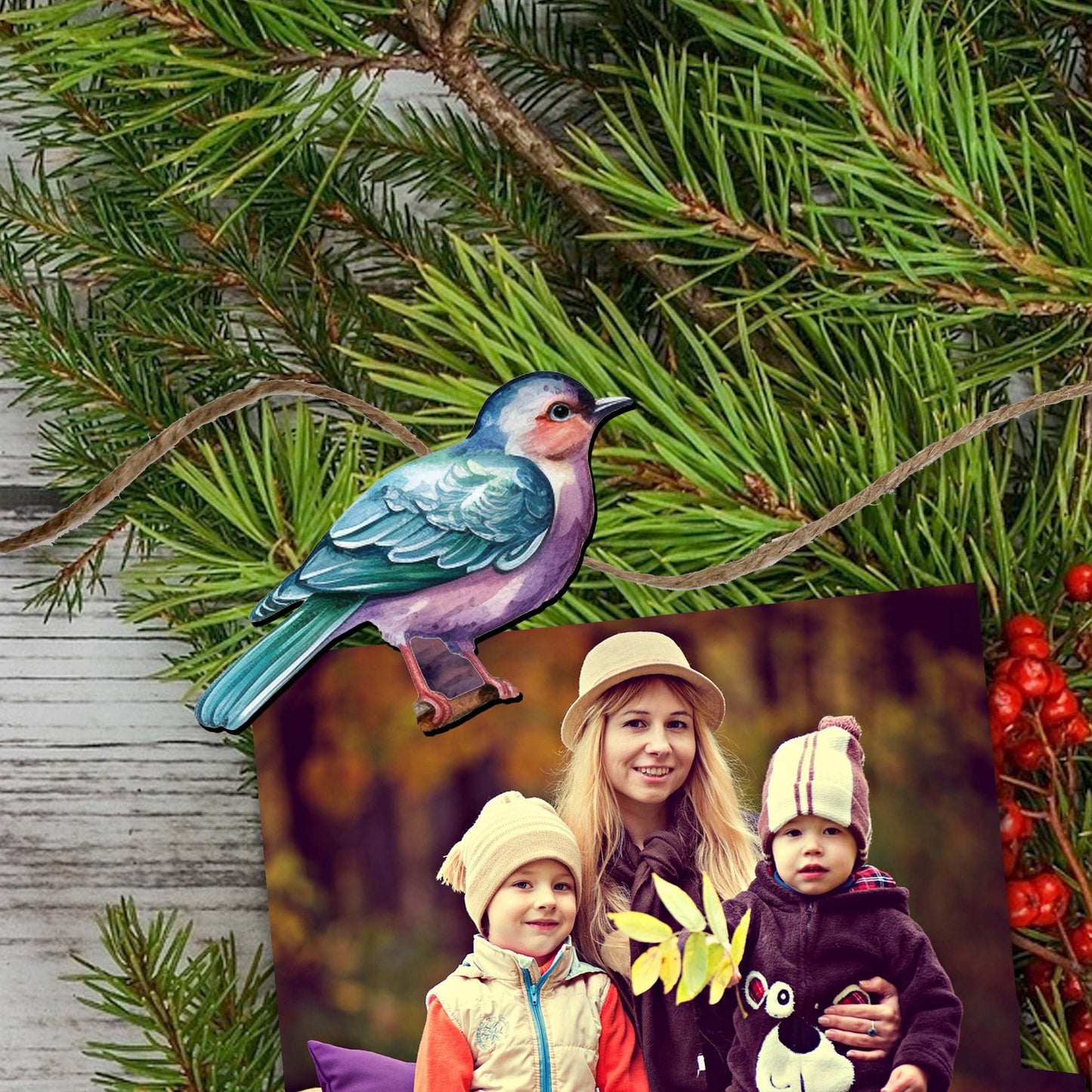 Forest birds Clip-On Eco Wood Decorative Ornaments Set of 6 by G. Debrekht - Christmas Decor - 8090015C-S6