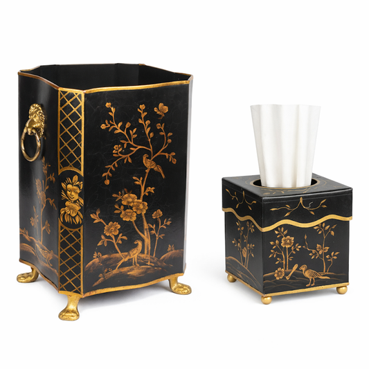 Black & Gold Square Scalloped Wastepaper Basket & Tissue (2 Options)