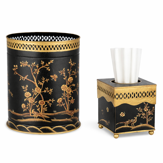 Black & Gold Oval Pierced Wastepaper Basket & Tissue (2 Options)