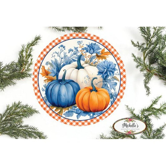 Blue Pumpkin Fall Foliage Plaid Sign - Wreath Accent Sign