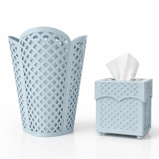 a blue basket and tissue box