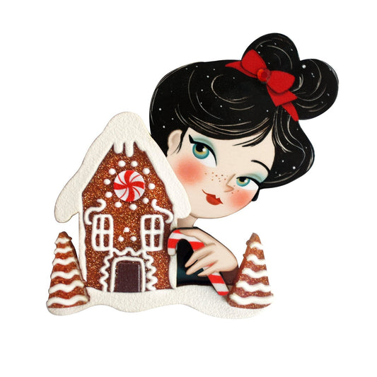Girl w/ Gingerbread House Brooch by Laliblue – Retro Kitschy Statement Brooch for Collectors