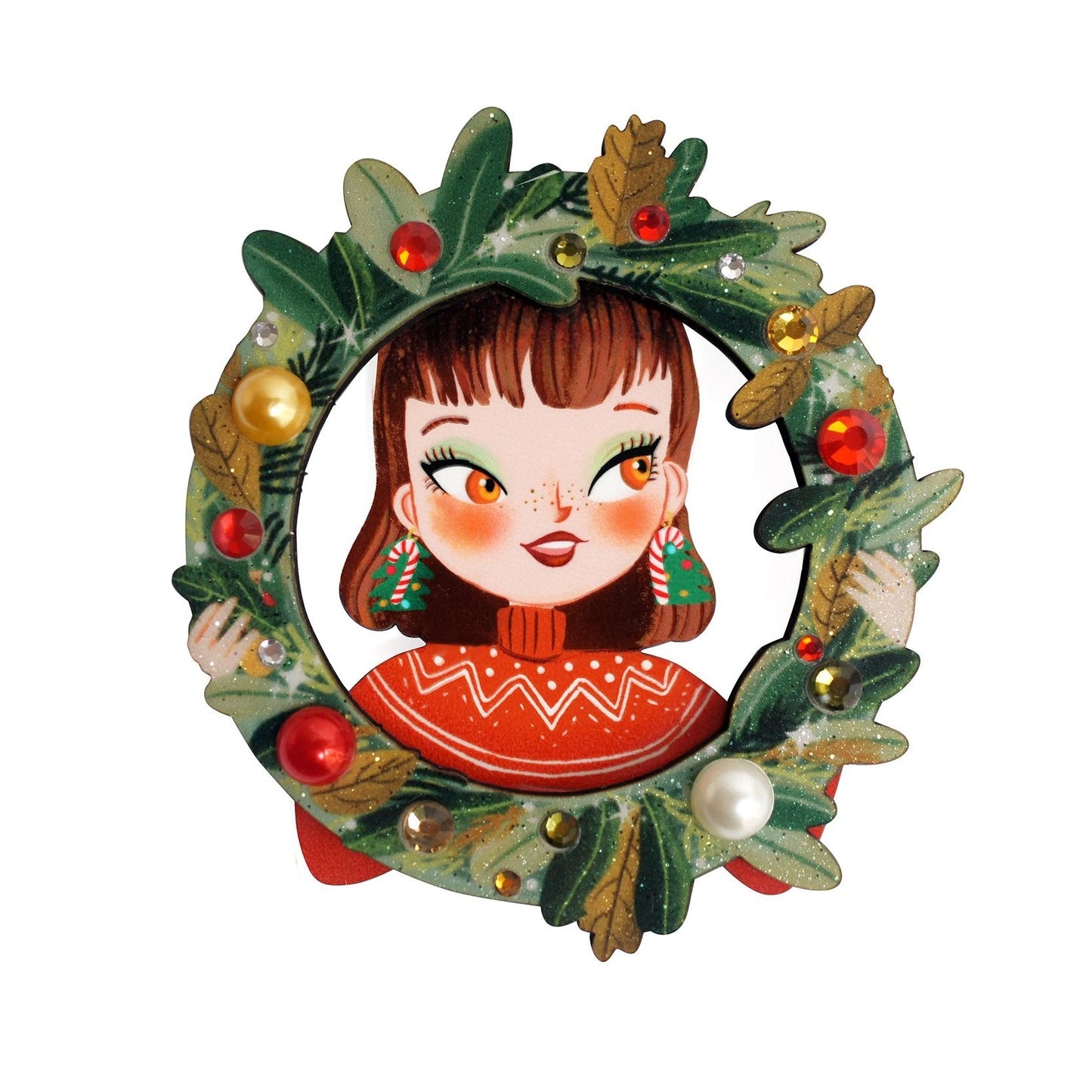 Christmas Girl w/ Wreath Brooch by Laliblue – Retro Kitschy Statement Brooch for Collectors