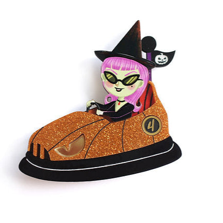 Bumper Car with Little Witch Brooch by Laliblue – Retro Kitschy Statement Brooch for Collectors