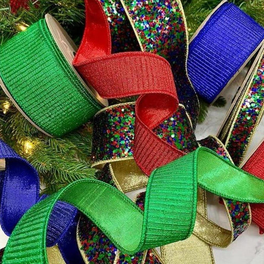 1" Cirque Glitter Ribbon: Emerald Green/Red/Blue (10 Yards)