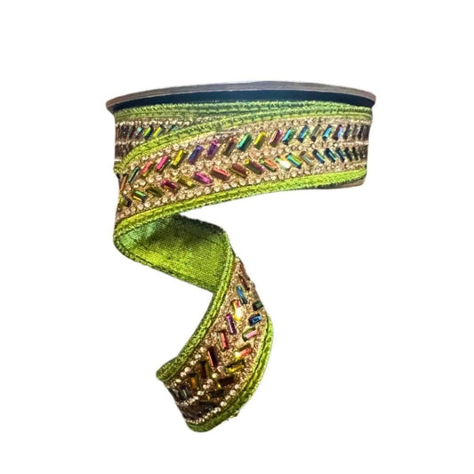 1" Metallic Dupion Herringbone Jewel Ribbon: Lime (5 Yards)