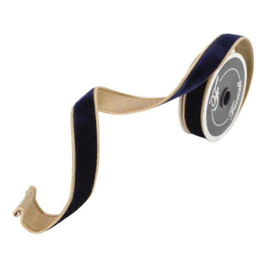 1" Two Tone Velvet Ribbon: Navy/Gold (10 Yards)