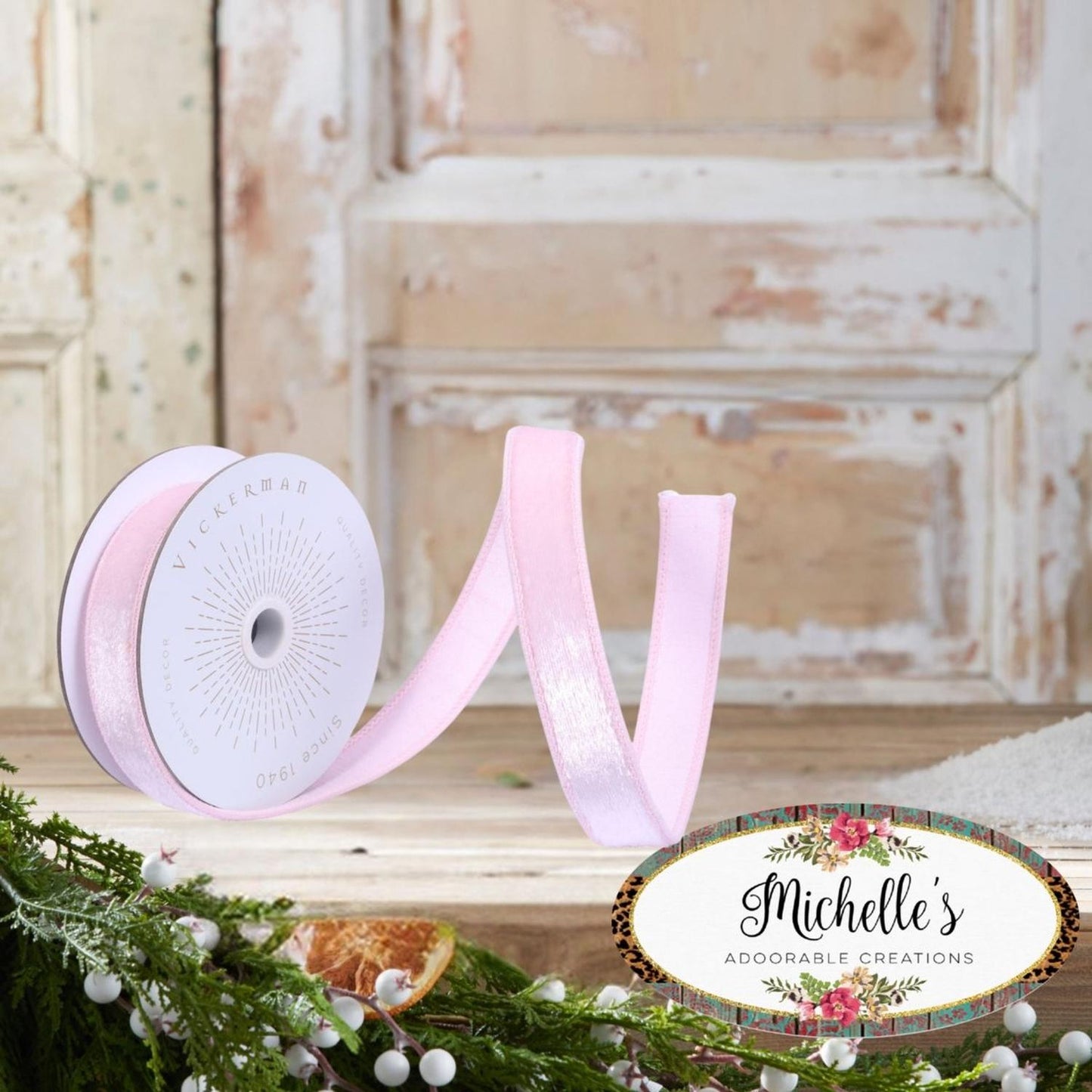 1" Velvet Luster Wired Ribbon: Light Pink (10 Yards)