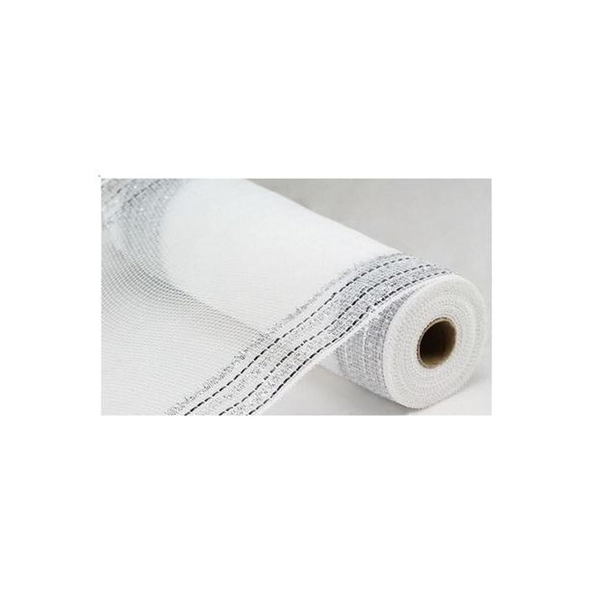 10" Border Stripe Faux Jute Mesh Ribbon: White/Silver (10 Yards)