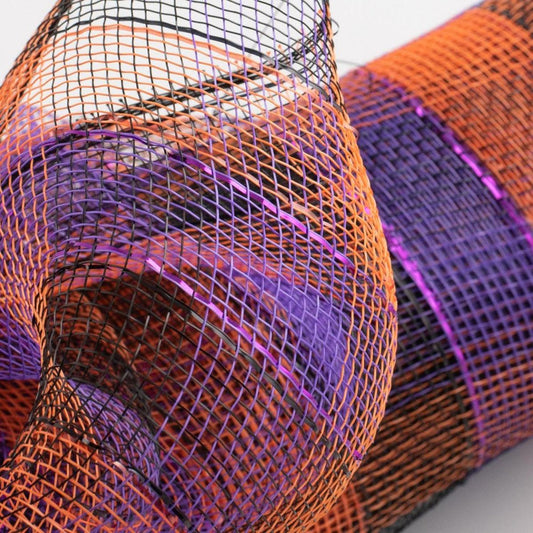 10" Metallic Orange/Black/Purple Plaid Mesh Ribbon