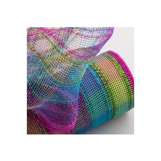 10" Poly Deco Tinsel Mesh Ribbon: Fuchsia, Purple, Lime, Turquoise Check (10 Yards)