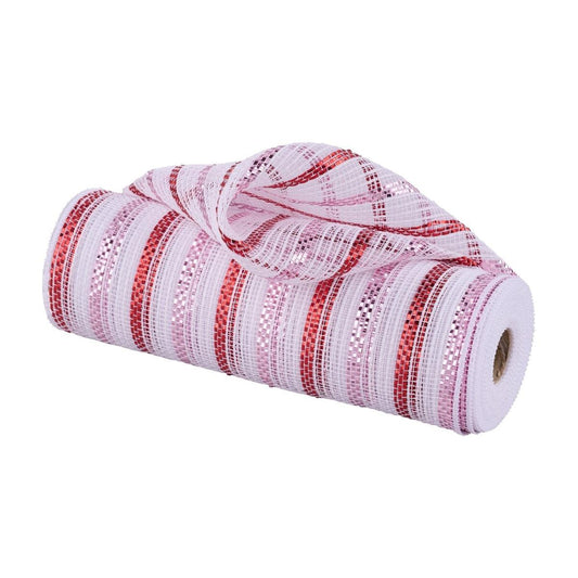 10" Poly Faux Jute Metallic Mesh Ribbon: White/Pink/Red (10 Yards)