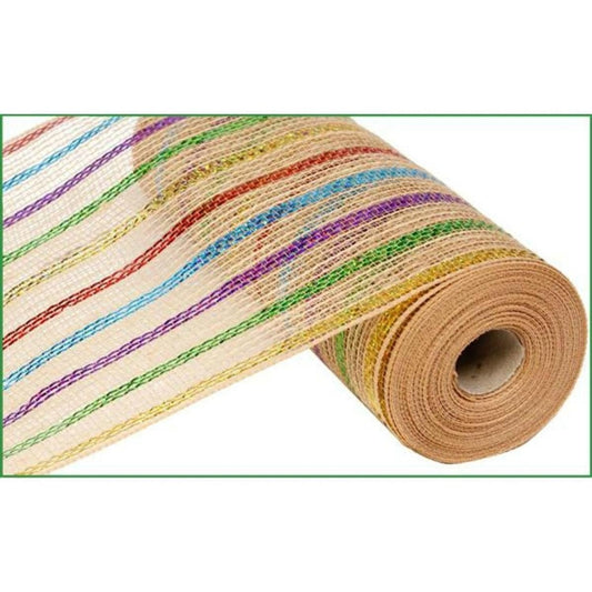 10" Poly Jute Mesh Ribbon: Laser Multi Color Stripe