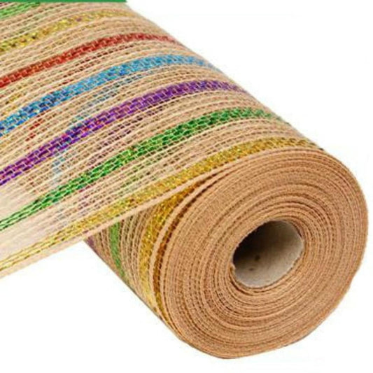 10" Poly Jute Mesh Ribbon: Laser Multi Color Stripe