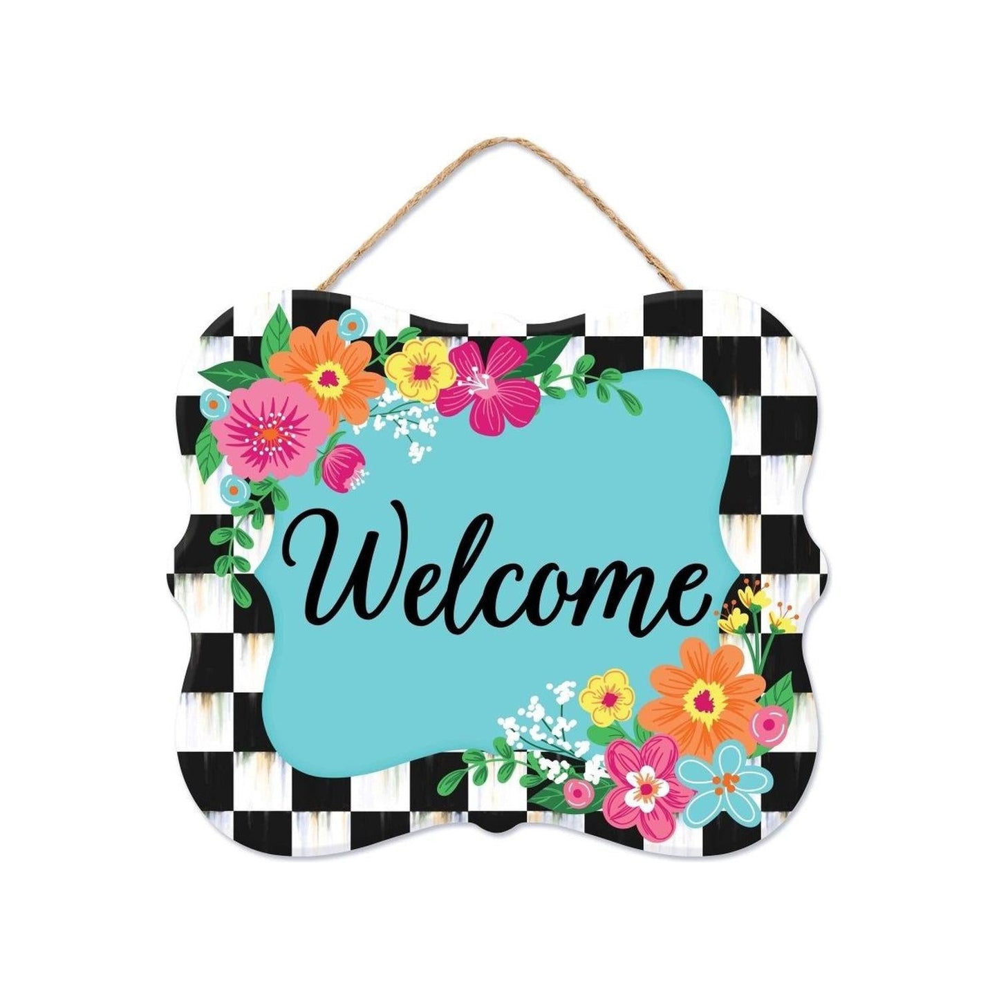 10" Scalloped Wooden Sign: Welcome Blue Checker