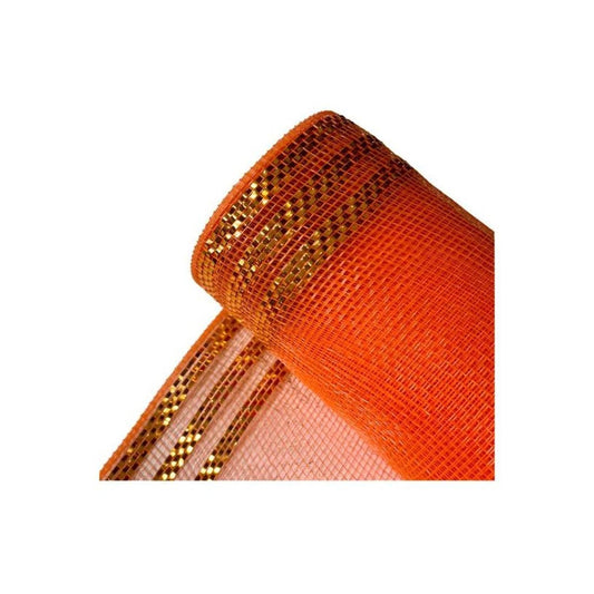 10.25" Metallic Border Stripe Mesh Ribbon: Orange (10 Yards)