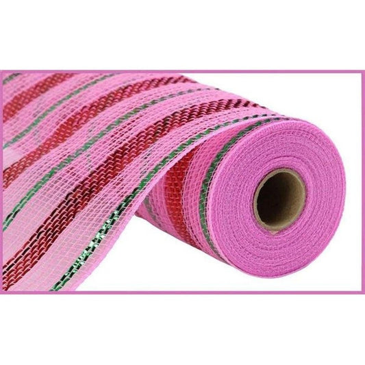 10.25" Poly Faux Jute Metallic Mesh Ribbon: Lt Pink/Red/Emerald (10 Yards)